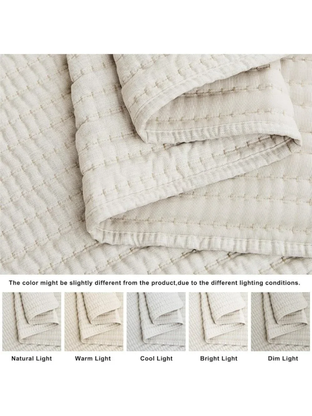Beige Pick Stitch Queen Quilt Set - Lightweight Striped Summer Bedspread, Rustic
